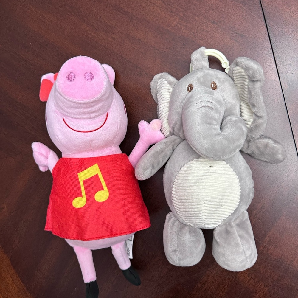 2 Plush Toys ~ Plush 12" Talking Peppa Pig & Rattle Elephant Clip On Plush